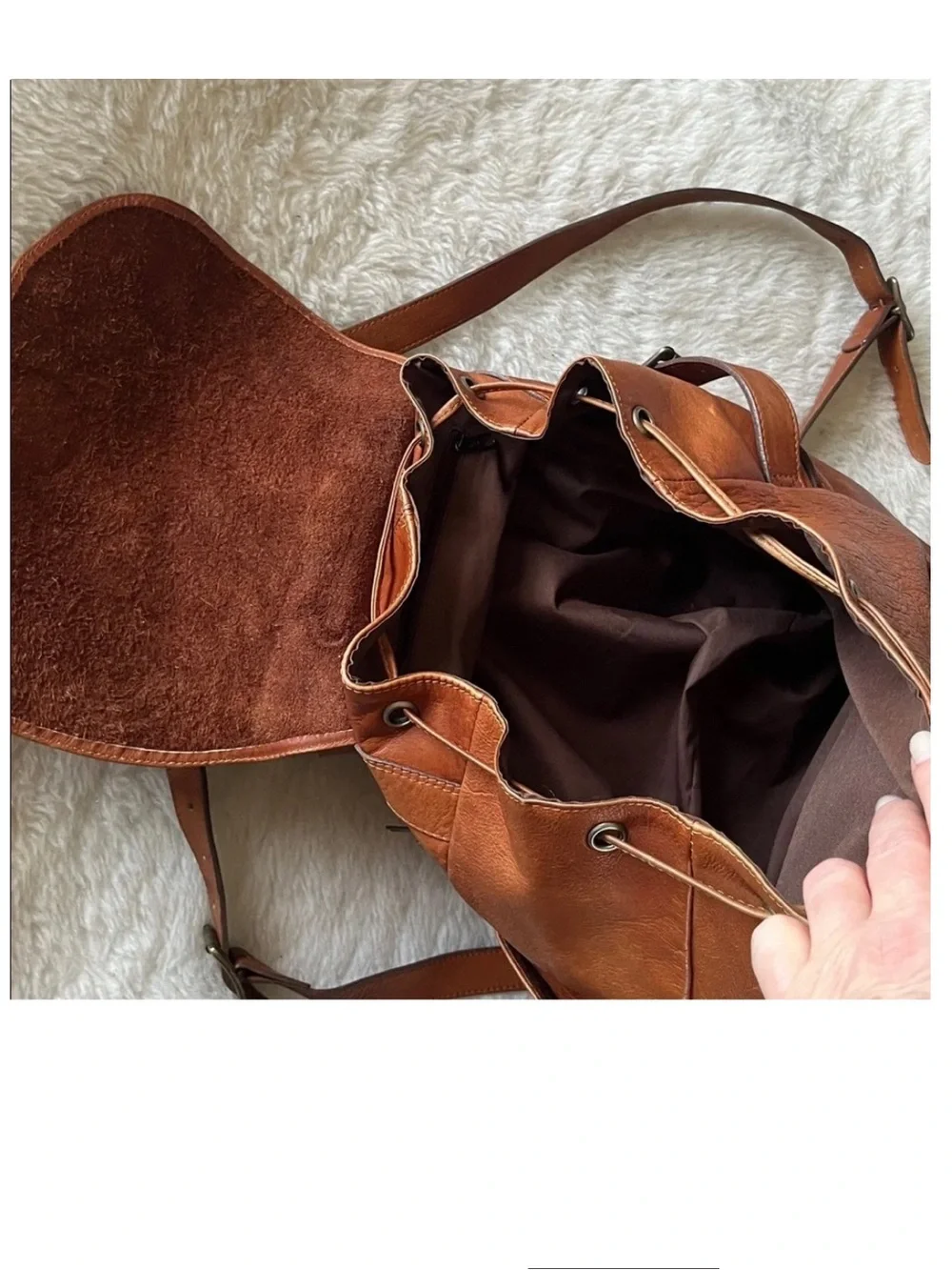 Cognac Brown Leather Backpack with Flap front & drawstring top